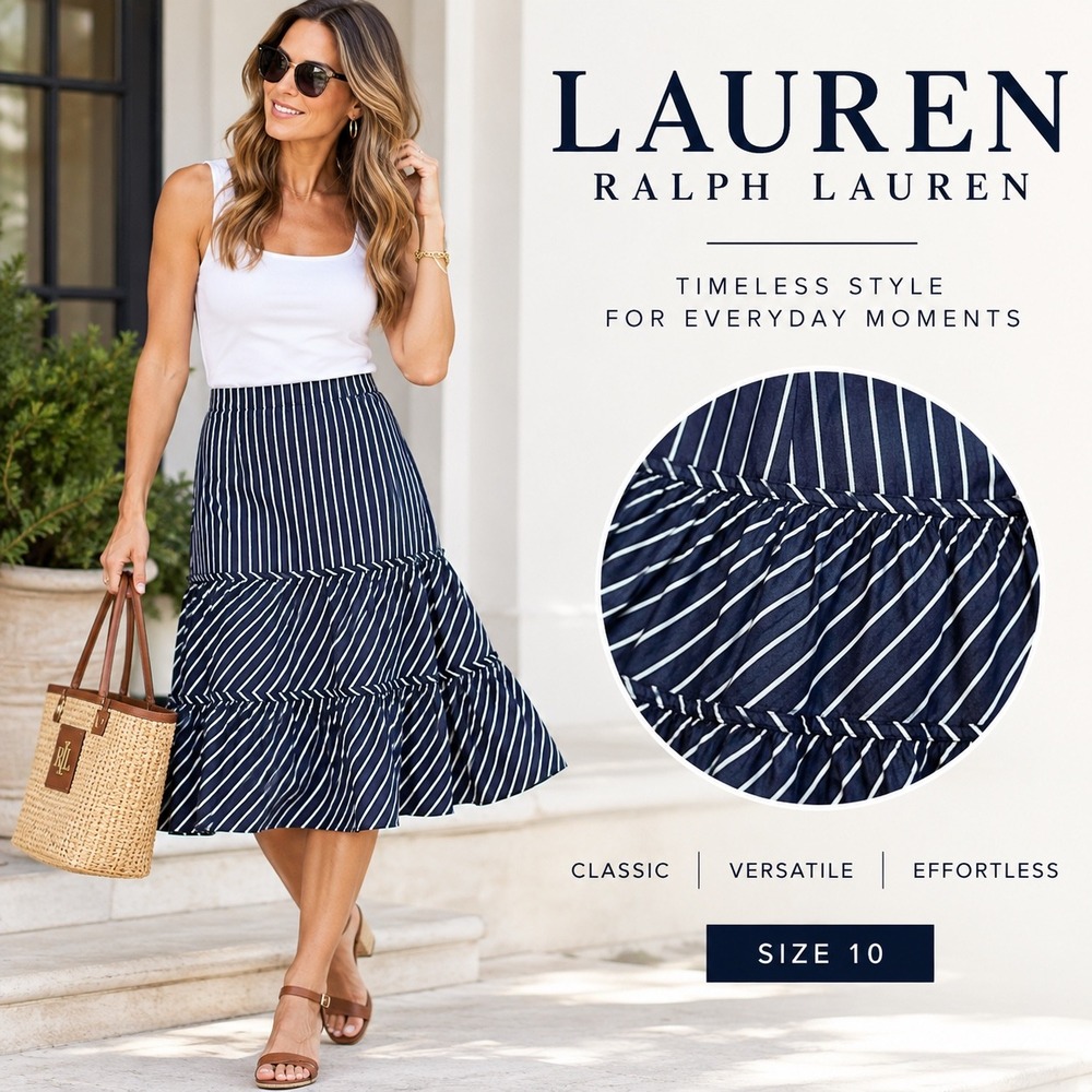 Lauren Ralph Lauren A-Line Tiered Ruffle Midi Skirt Sz 10 Navy Pinstripe Preppy